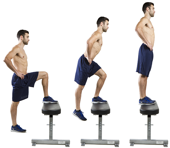 Man doing step-ups on a bench